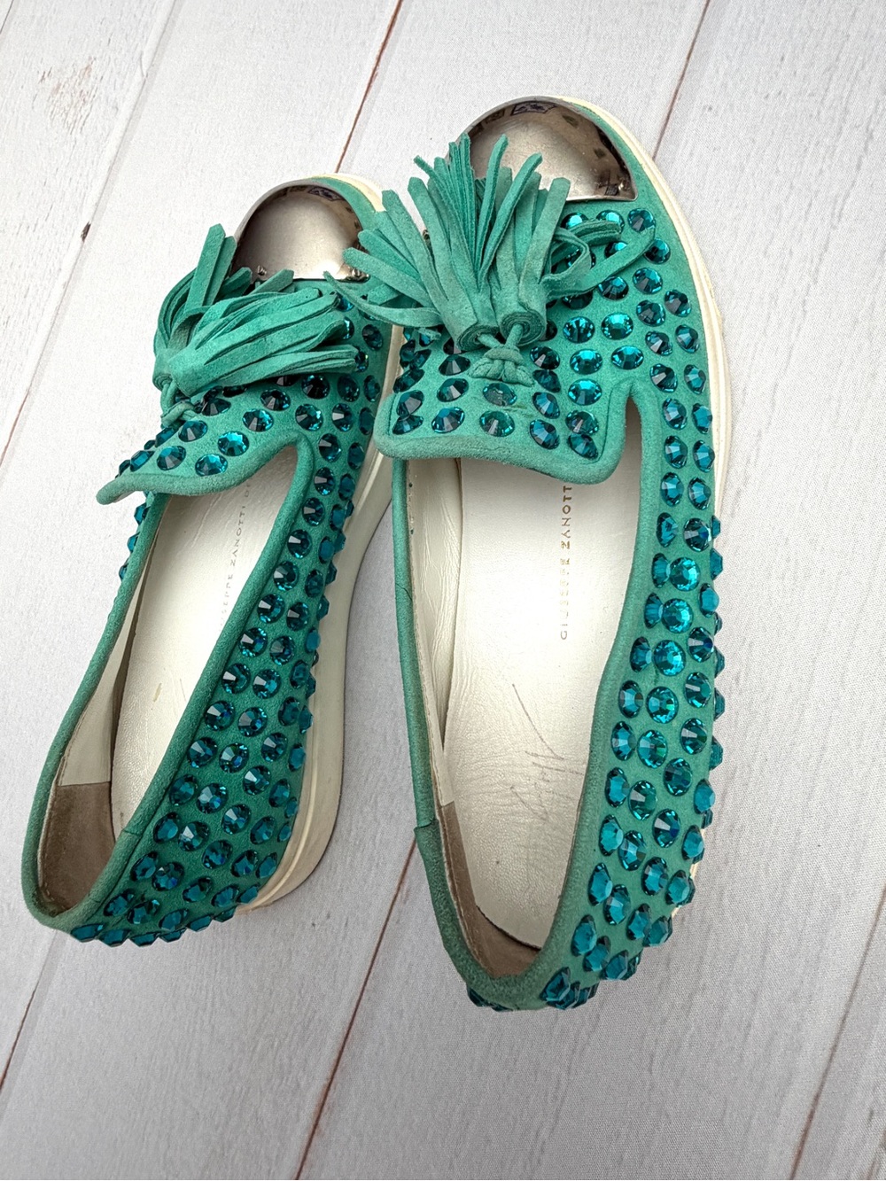 Giuseppe Zanotti Crystal Tassel Loafers Turquoise Suede Size EU 38 (US 8) Italy - Picture 8 of 12